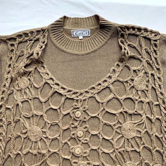 Vintage Ce'Ci Sweater Womens M/L Brown Crochet Chunky Knit Linen Blend Boho NEW - Picture 4 of 10